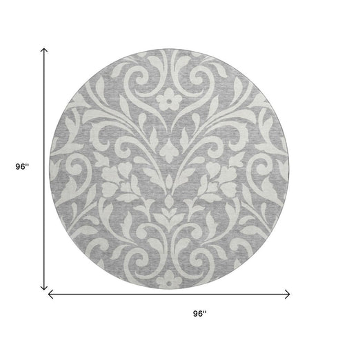 8' Gray And Ivory Floral Washable Round Rug With UV Protection