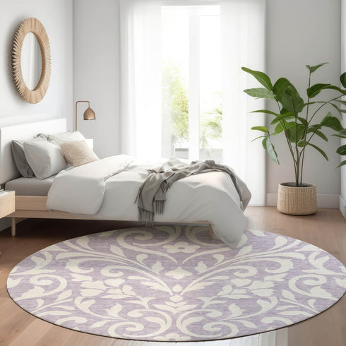 8' Lavender And Ivory Floral Washable Round Rug With UV Protection