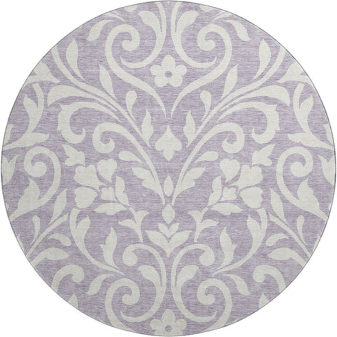 8' Lavender And Ivory Floral Washable Round Rug With UV Protection