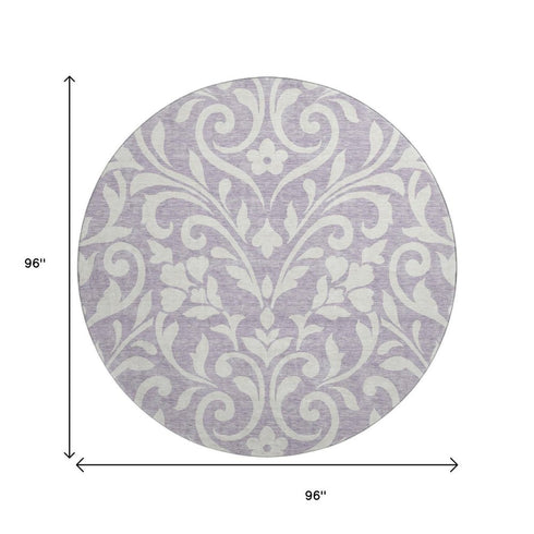 8' Lavender And Ivory Floral Washable Round Rug With UV Protection