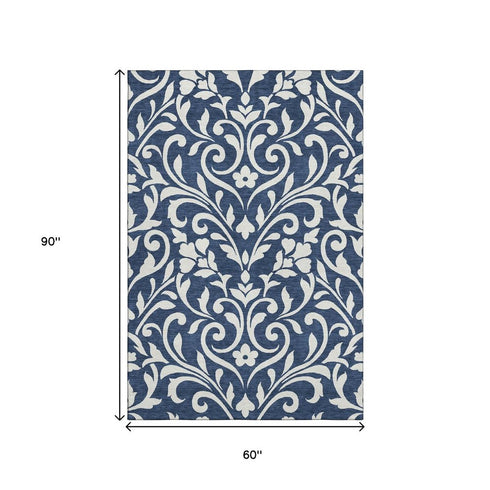 5' X 8' Navy Blue And Ivory Floral Washable Area Rug With UV Protection
