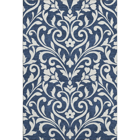 5' X 8' Navy Blue And Ivory Floral Washable Area Rug With UV Protection