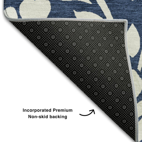 5' X 8' Navy Blue And Ivory Floral Washable Area Rug With UV Protection