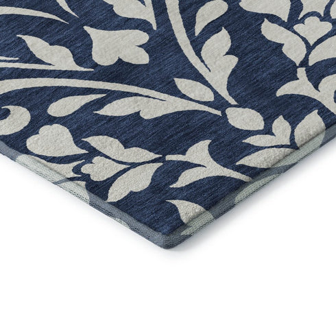 5' X 8' Navy Blue And Ivory Floral Washable Area Rug With UV Protection