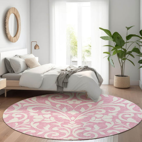 8' Pink And Ivory Floral Washable Round Rug With UV Protection