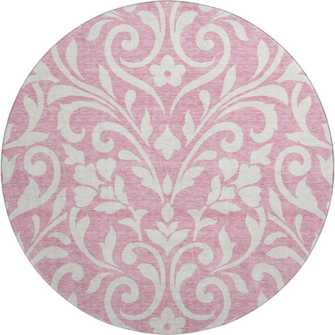 8' Pink And Ivory Floral Washable Round Rug With UV Protection
