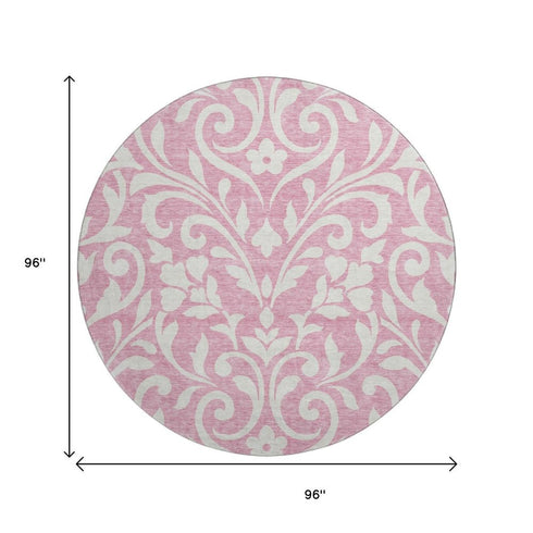 8' Pink And Ivory Floral Washable Round Rug With UV Protection