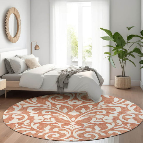 8' Salmon And Ivory Floral Washable Round Rug With UV Protection