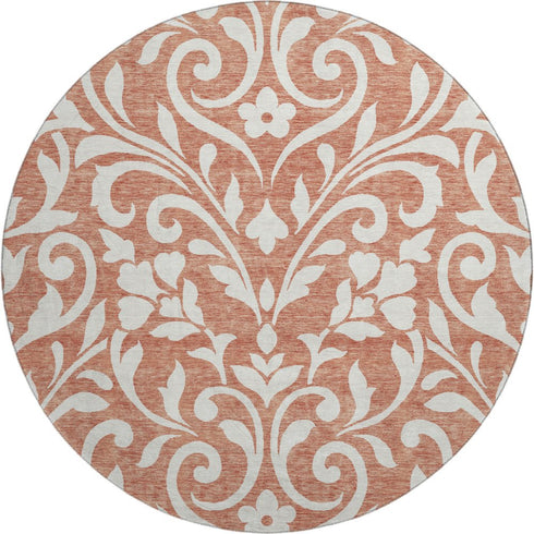 8' Salmon And Ivory Floral Washable Round Rug With UV Protection
