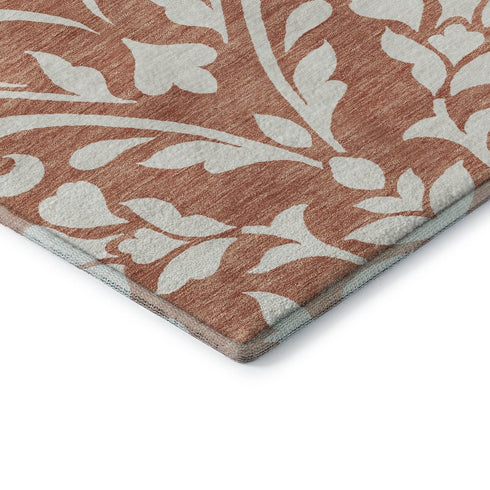 8' Salmon And Ivory Floral Washable Round Rug With UV Protection