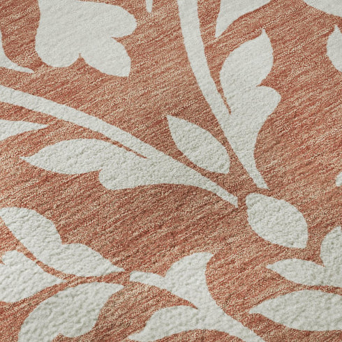8' Salmon And Ivory Floral Washable Round Rug With UV Protection