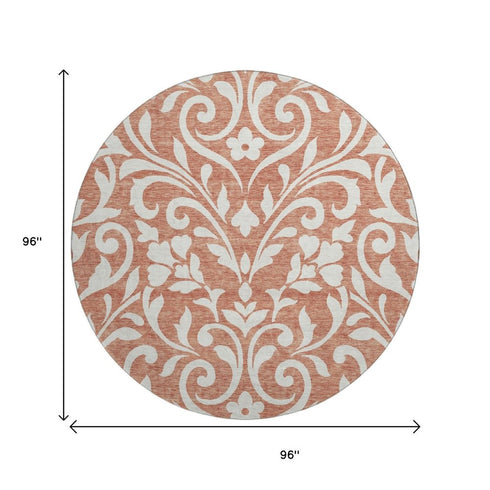 8' Salmon And Ivory Floral Washable Round Rug With UV Protection