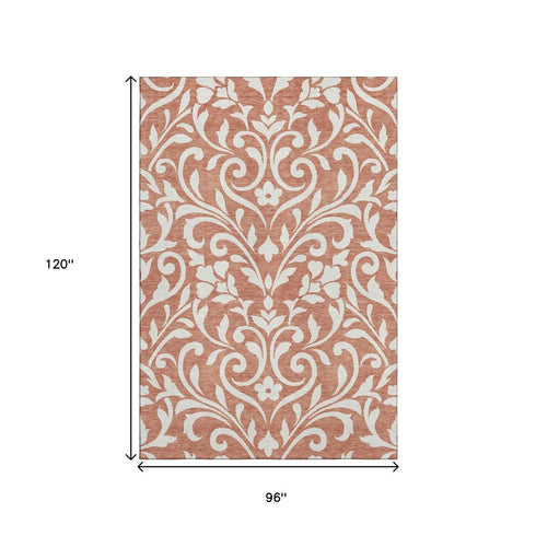8' X 10' Salmon And Ivory Floral Washable Area Rug With UV Protection