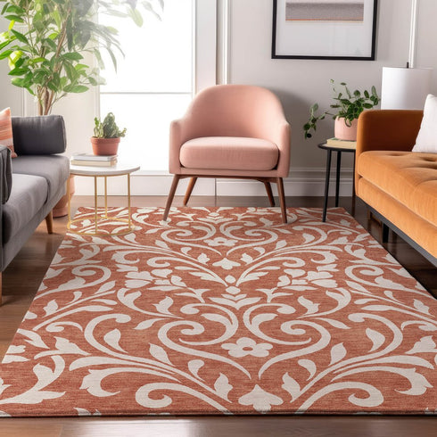 8' X 10' Salmon And Ivory Floral Washable Area Rug With UV Protection