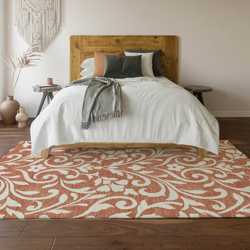 8' X 10' Salmon And Ivory Floral Washable Area Rug With UV Protection