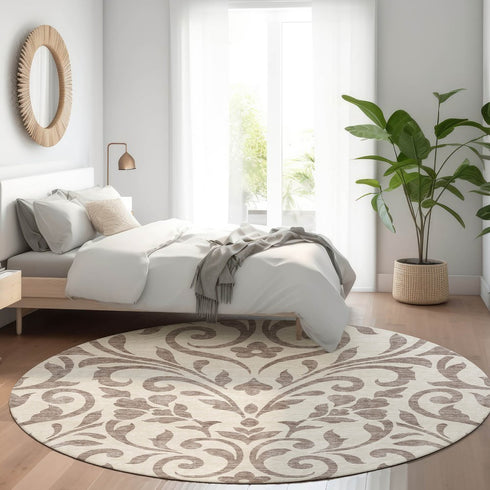 8' Taupe And Beige Floral Washable Round Rug With UV Protection