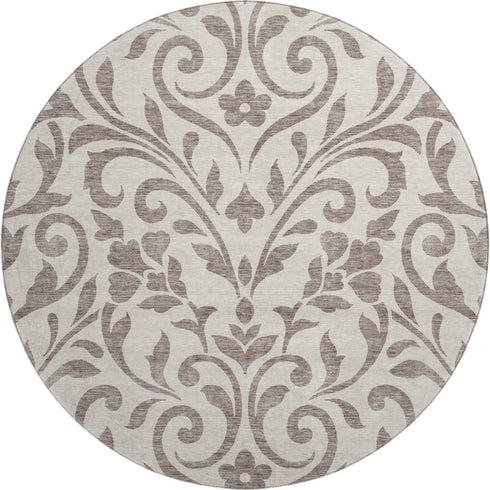 8' Taupe And Beige Floral Washable Round Rug With UV Protection