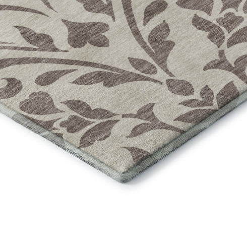 8' Taupe And Beige Floral Washable Round Rug With UV Protection