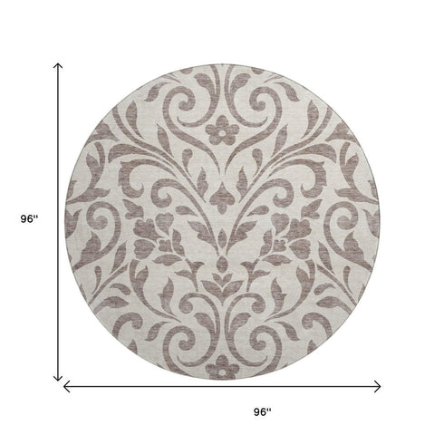 8' Taupe And Beige Floral Washable Round Rug With UV Protection