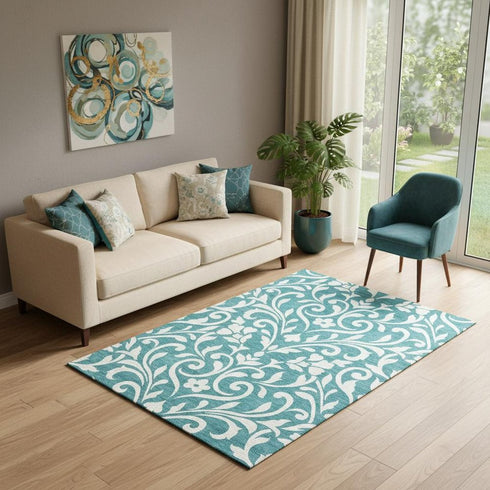5' X 8' Teal And Ivory Floral Washable Area Rug With UV Protection