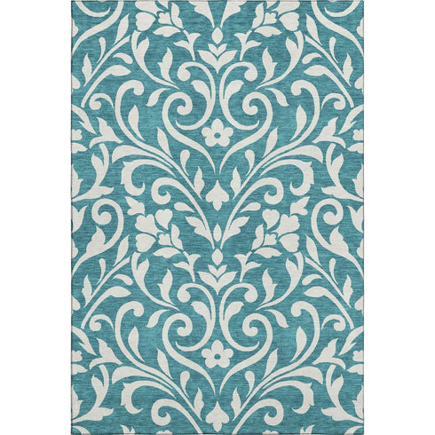5' X 8' Teal And Ivory Floral Washable Area Rug With UV Protection