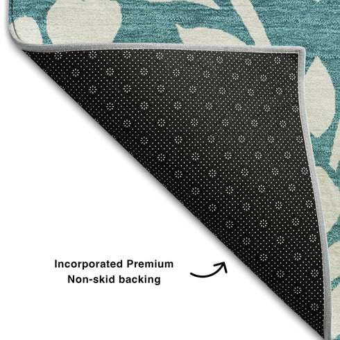 5' X 8' Teal And Ivory Floral Washable Area Rug With UV Protection