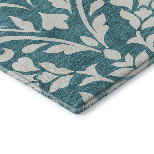 5' X 8' Teal And Ivory Floral Washable Area Rug With UV Protection
