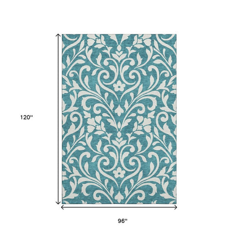 8' X 10' Teal And Ivory Floral Washable Area Rug With UV Protection