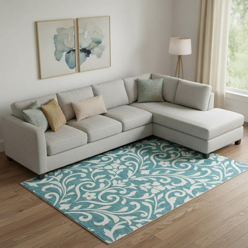 8' X 10' Teal And Ivory Floral Washable Area Rug With UV Protection