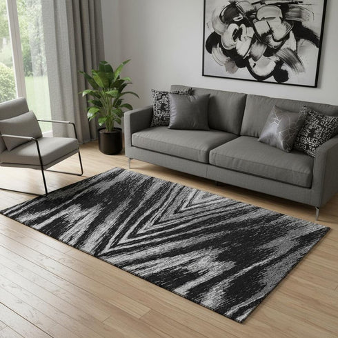 5' X 8' Black And Gray Abstract Washable Area Rug With UV Protection