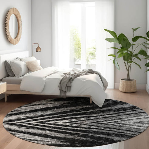 8' Black And Gray Abstract Washable Round Rug With UV Protection