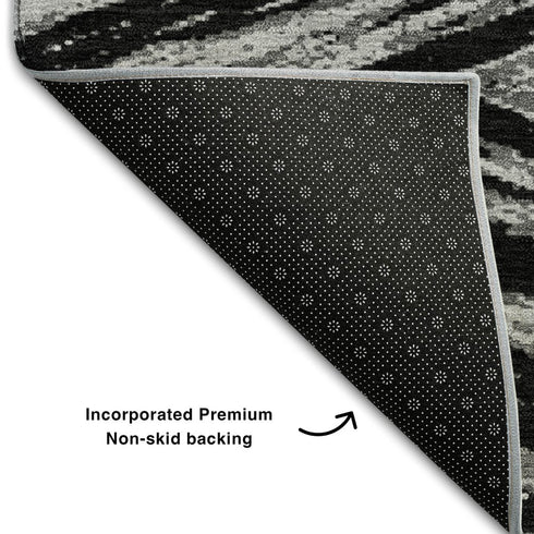 8' Black And Gray Abstract Washable Round Rug With UV Protection