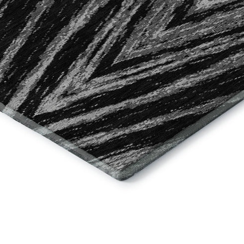 8' Black And Gray Abstract Washable Round Rug With UV Protection