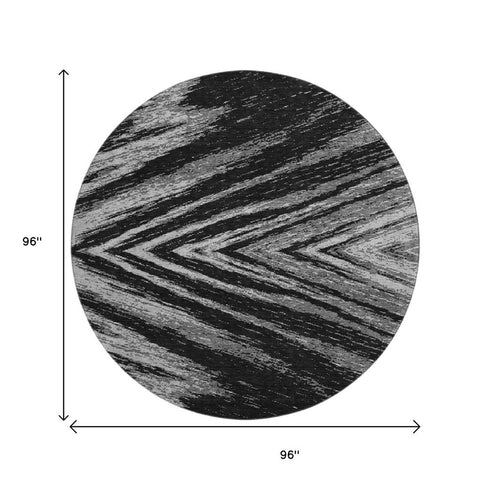 8' Black And Gray Abstract Washable Round Rug With UV Protection