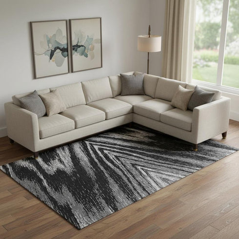 9' X 12' Black And Gray Abstract Washable Area Rug With UV Protection