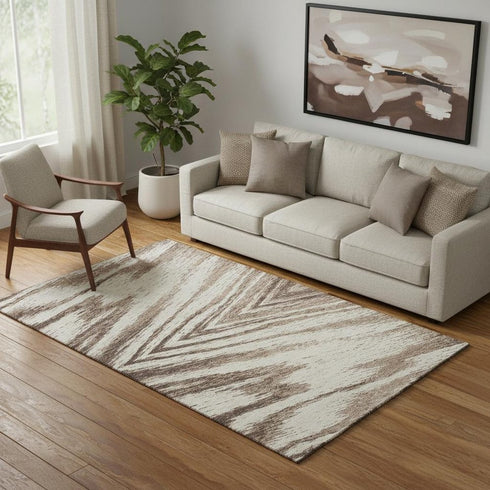 5' X 8' Brown And Beige Abstract Washable Area Rug With UV Protection