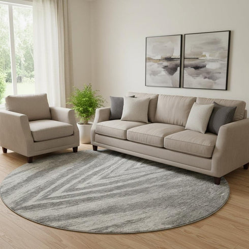 8' Gray And Ivory Abstract Washable Round Rug With UV Protection