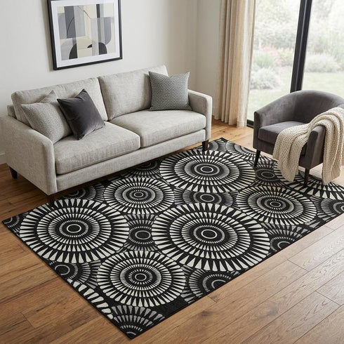5' X 8' Black And Ivory Geometric Washable Area Rug With UV Protection