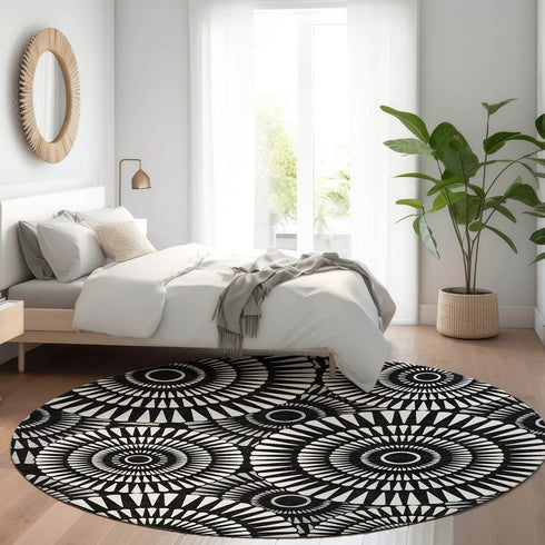 8' Black And Ivory Geometric Washable Round Rug With UV Protection