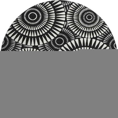 8' Black And Ivory Geometric Washable Round Rug With UV Protection