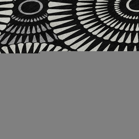 8' Black And Ivory Geometric Washable Round Rug With UV Protection