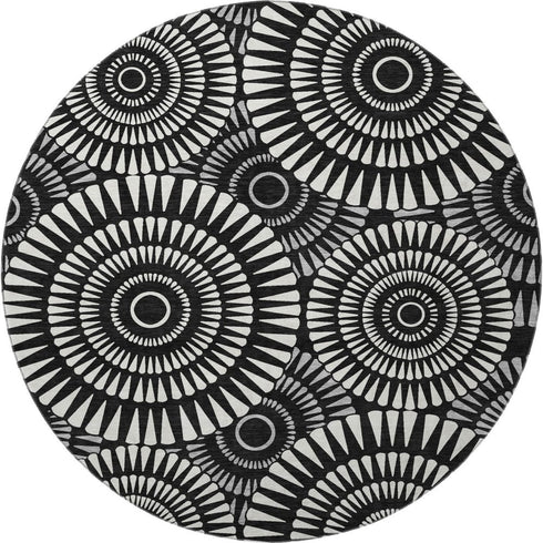 8' Black And Ivory Geometric Washable Round Rug With UV Protection