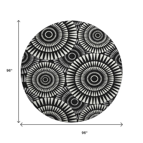 8' Black And Ivory Geometric Washable Round Rug With UV Protection