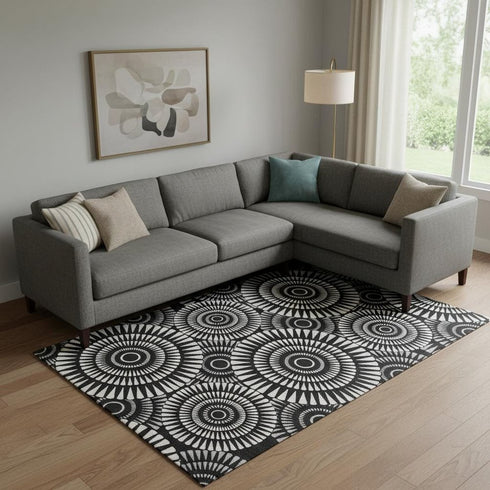 8' X 10' Black And Ivory Geometric Washable Area Rug With UV Protection