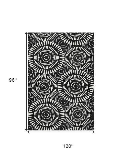 8' X 10' Black And Ivory Geometric Washable Area Rug With UV Protection