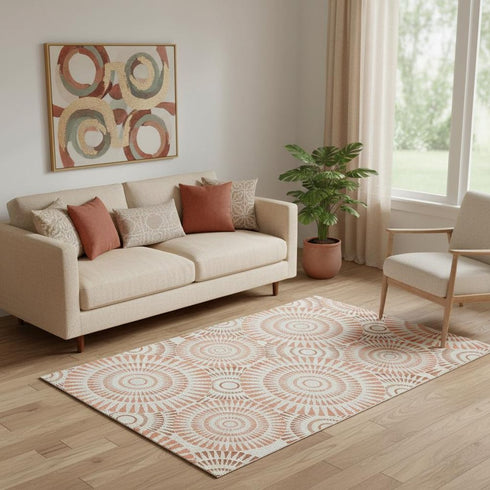 5' X 8' Coral And Ivory Geometric Washable Area Rug With UV Protection