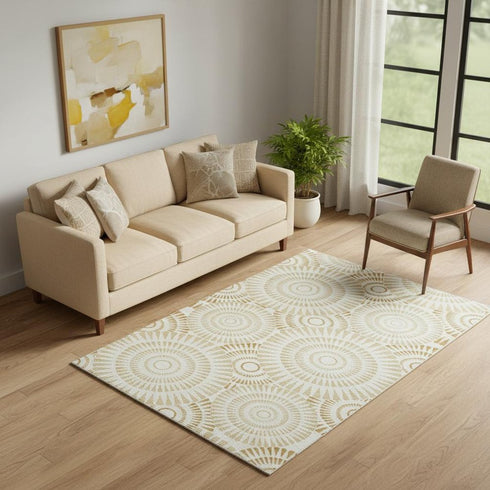 5' X 8' Gold And Ivory Geometric Washable Area Rug With UV Protection
