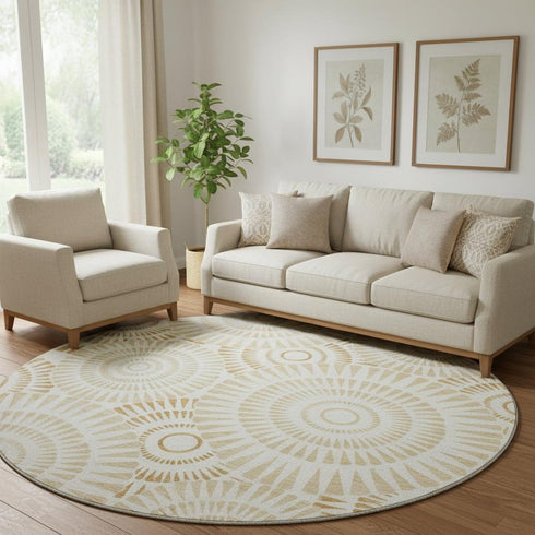 8' Gold And Ivory Geometric Washable Round Rug With UV Protection