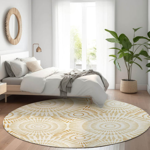 8' Gold And Ivory Geometric Washable Round Rug With UV Protection