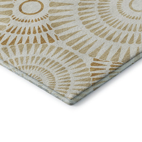 8' Gold And Ivory Geometric Washable Round Rug With UV Protection